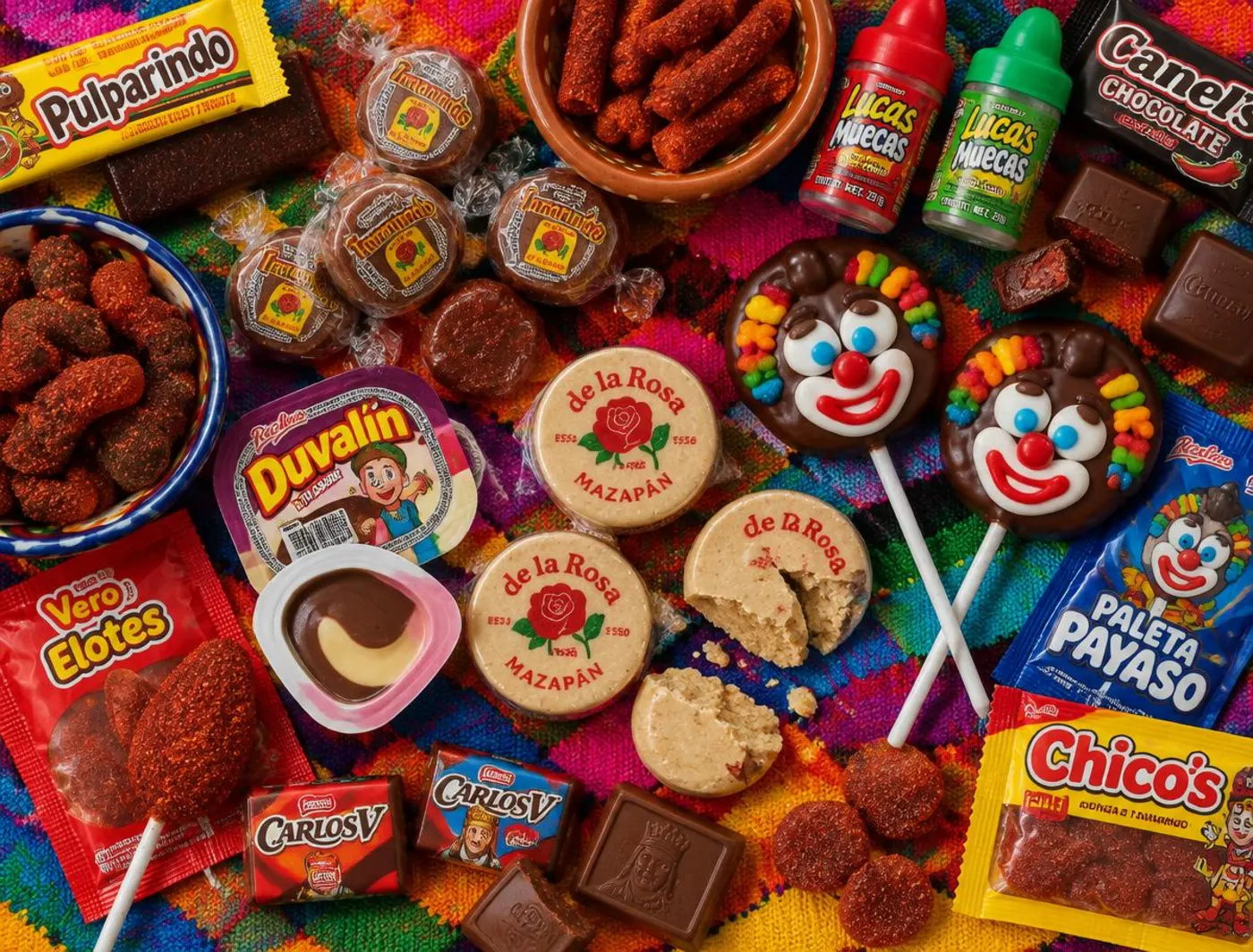Surtido de dulces mexicanos: enchilados, mazapanes, paletas y chocolates