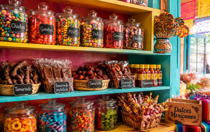 Estantería con frascos de dulces y tamarindos