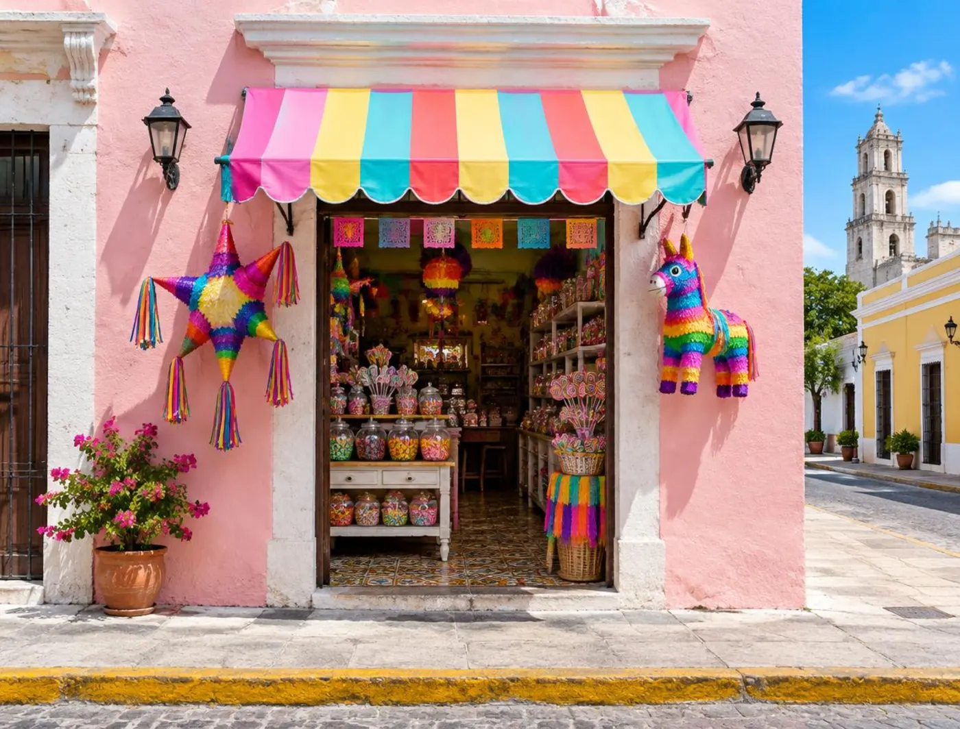Fachada colorida de dulcería con toldo a rayas y piñatas en el Centro Histórico