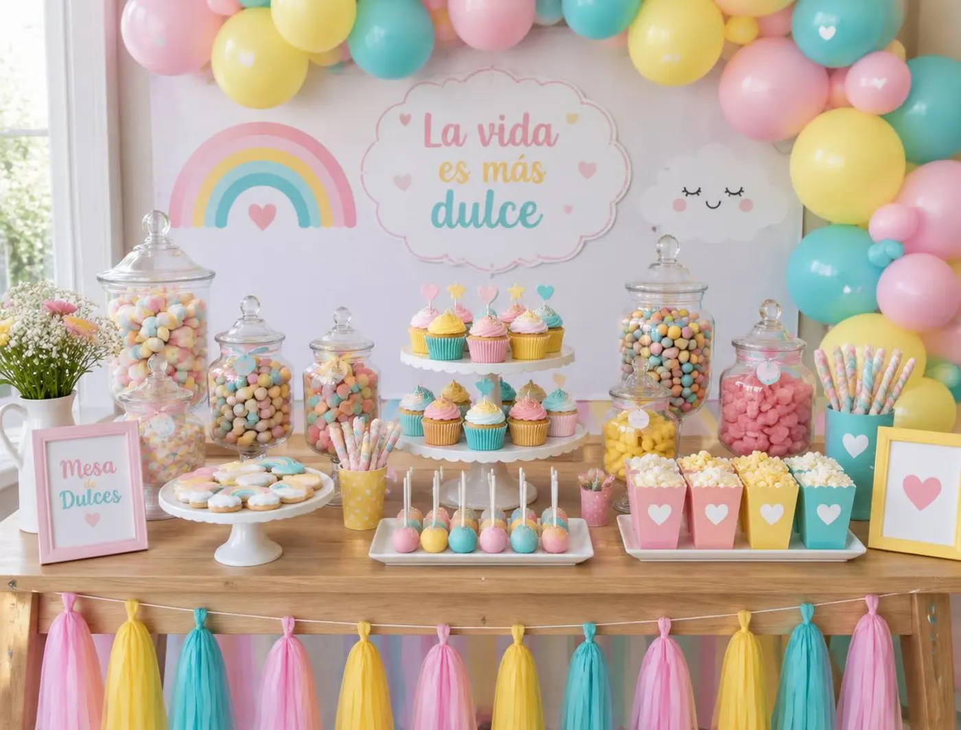 Mesa de dulces infantil decorada en rosa, amarillo y turquesa con frascos, cupcakes y globos